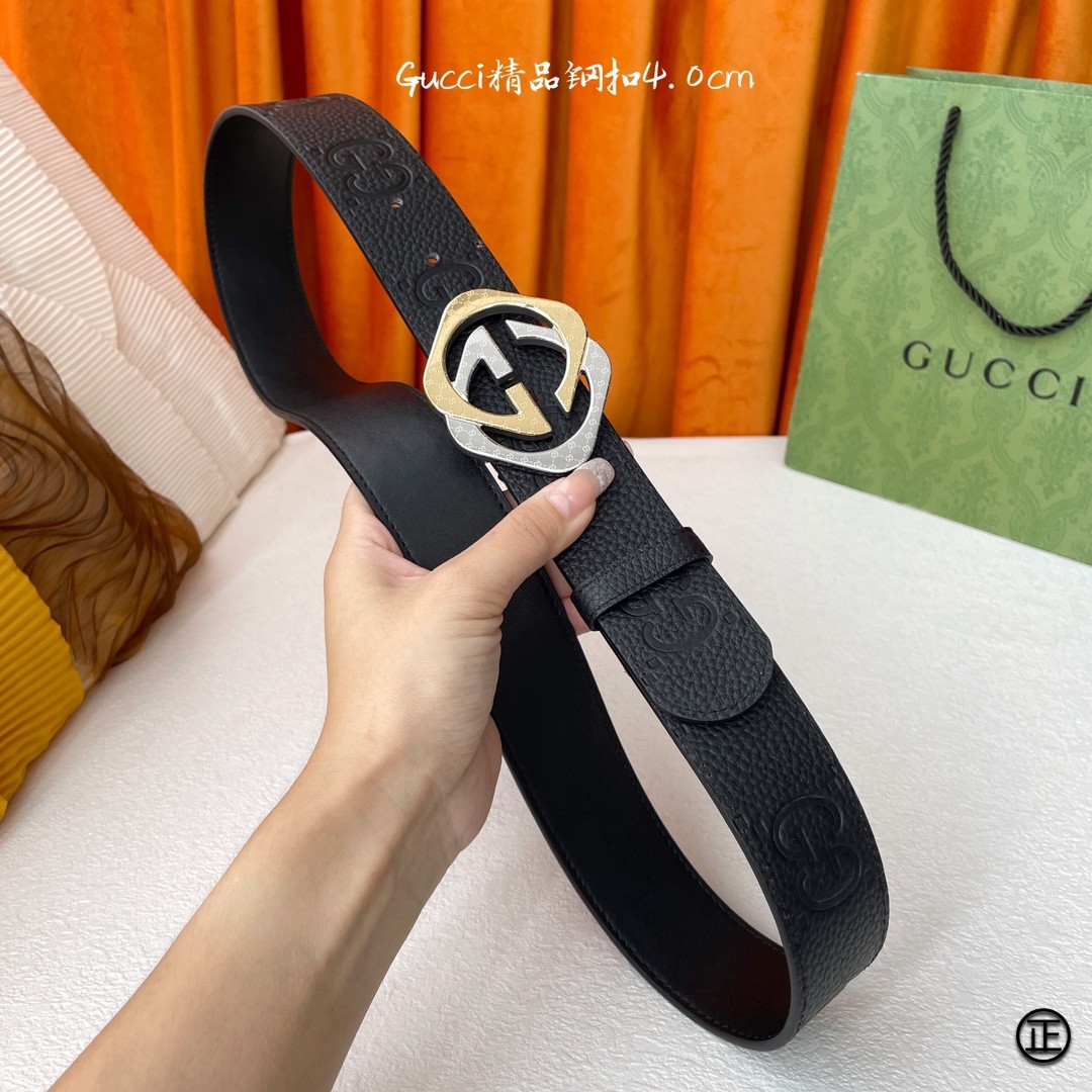 Gucci经典Signature压G花宽度4.0cm互扣式双G间金扣！