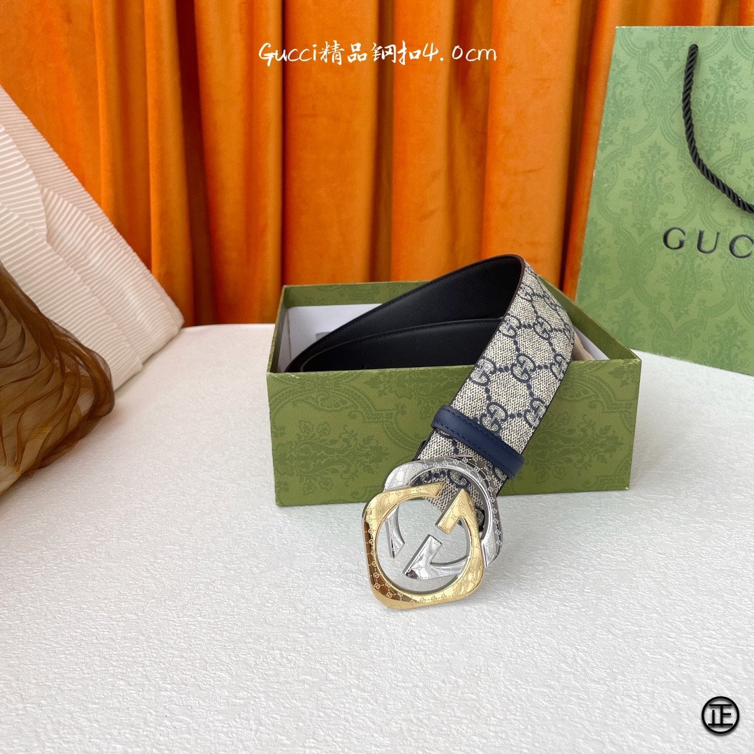 Gucci经典Signature压G花宽度4.0cm互扣式双G间金扣！