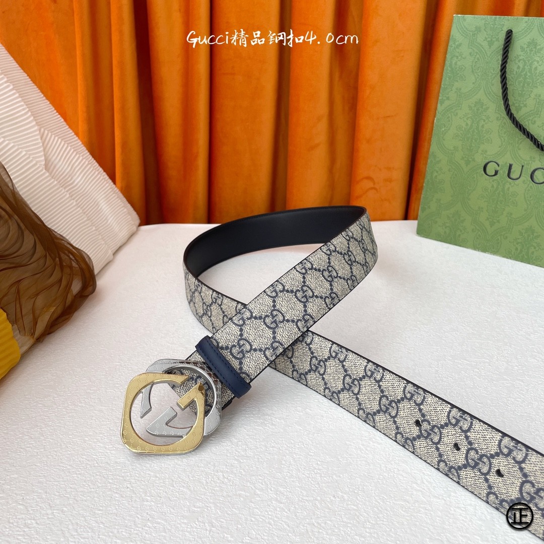 Gucci经典Signature压G花宽度4.0cm互扣式双G间金扣！