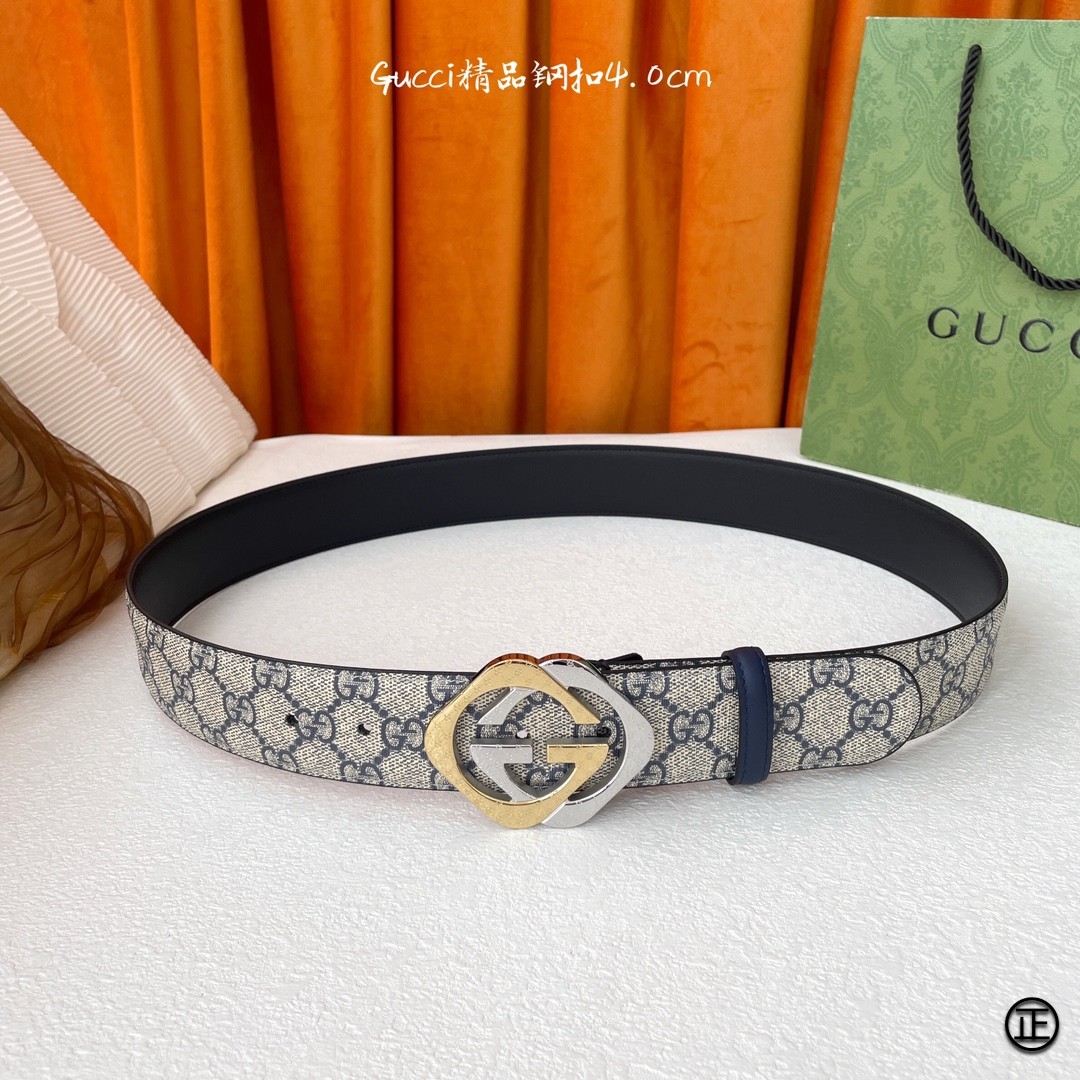 Gucci经典Signature压G花宽度4.0cm互扣式双G间金扣！