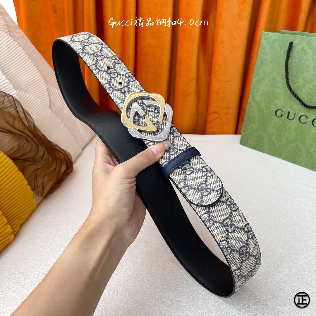 Gucci经典Signature压G花宽度4.0cm互扣式双G间金扣！