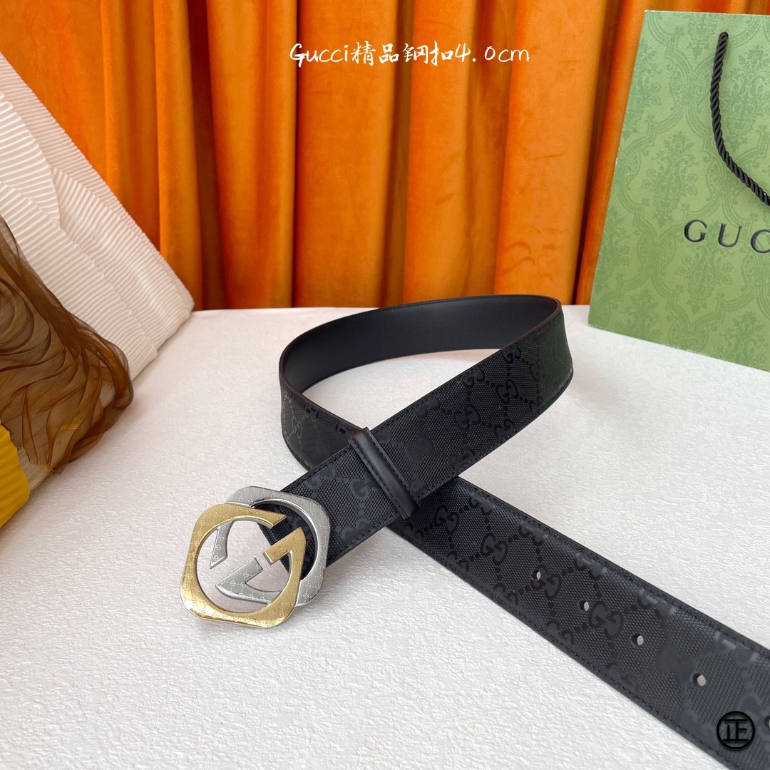 Gucci经典Signature压G花宽度4.0cm互扣式双G间金扣！