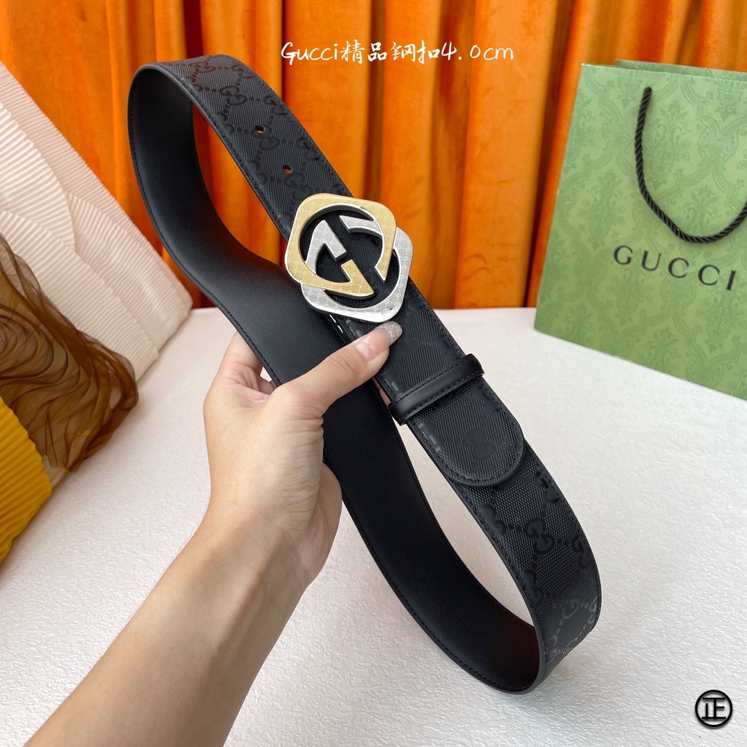 Gucci经典Signature压G花宽度4.0cm互扣式双G间金扣！