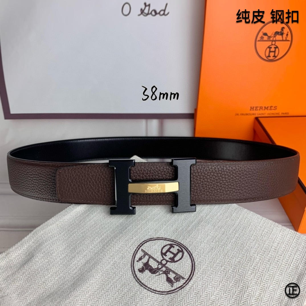 Hermès[正]爱马仕双面原版原单品质进口头层牛皮寸半38mm配官网H马拉车镶嵌款拉丝黑扣