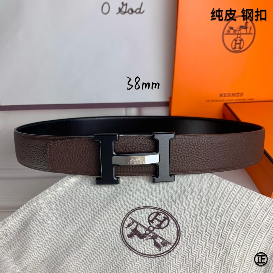 Hermès[正]爱马仕双面原版原单品质进口头层牛皮寸半38mm配官网H马拉车镶嵌款拉丝黑扣