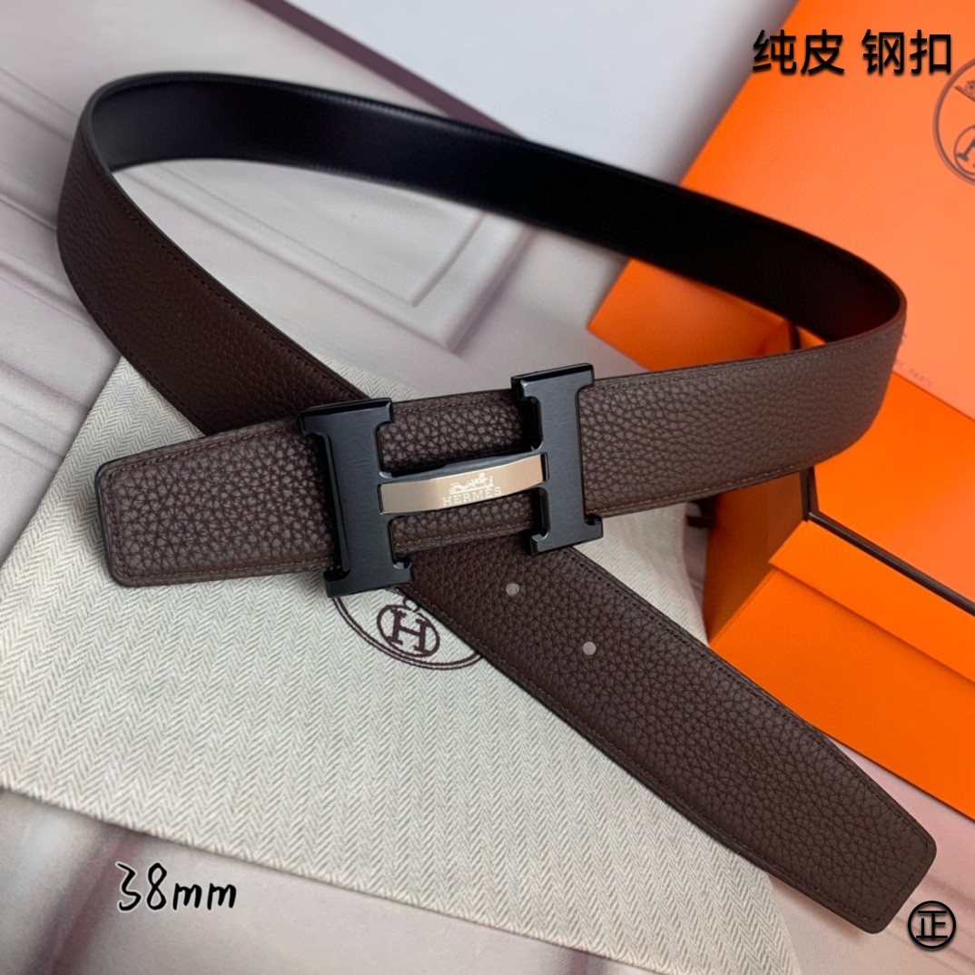 Hermès[正]爱马仕双面原版原单品质进口头层牛皮寸半38mm配官网H马拉车镶嵌款拉丝黑扣