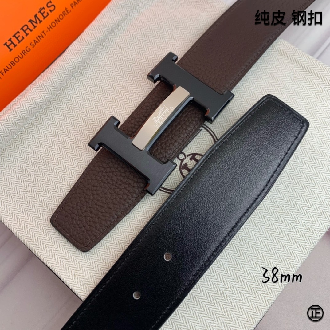 Hermès[正]爱马仕双面原版原单品质进口头层牛皮寸半38mm配官网H马拉车镶嵌款拉丝黑扣