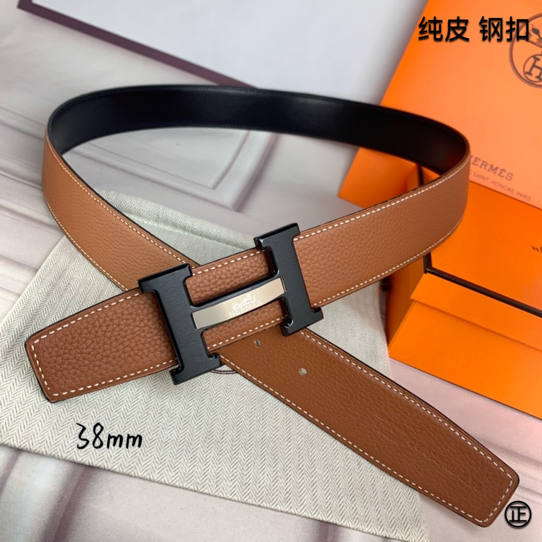 Hermès[正]爱马仕双面原版原单品质进口头层牛皮寸半38mm配官网H马拉车镶嵌款拉丝黑扣