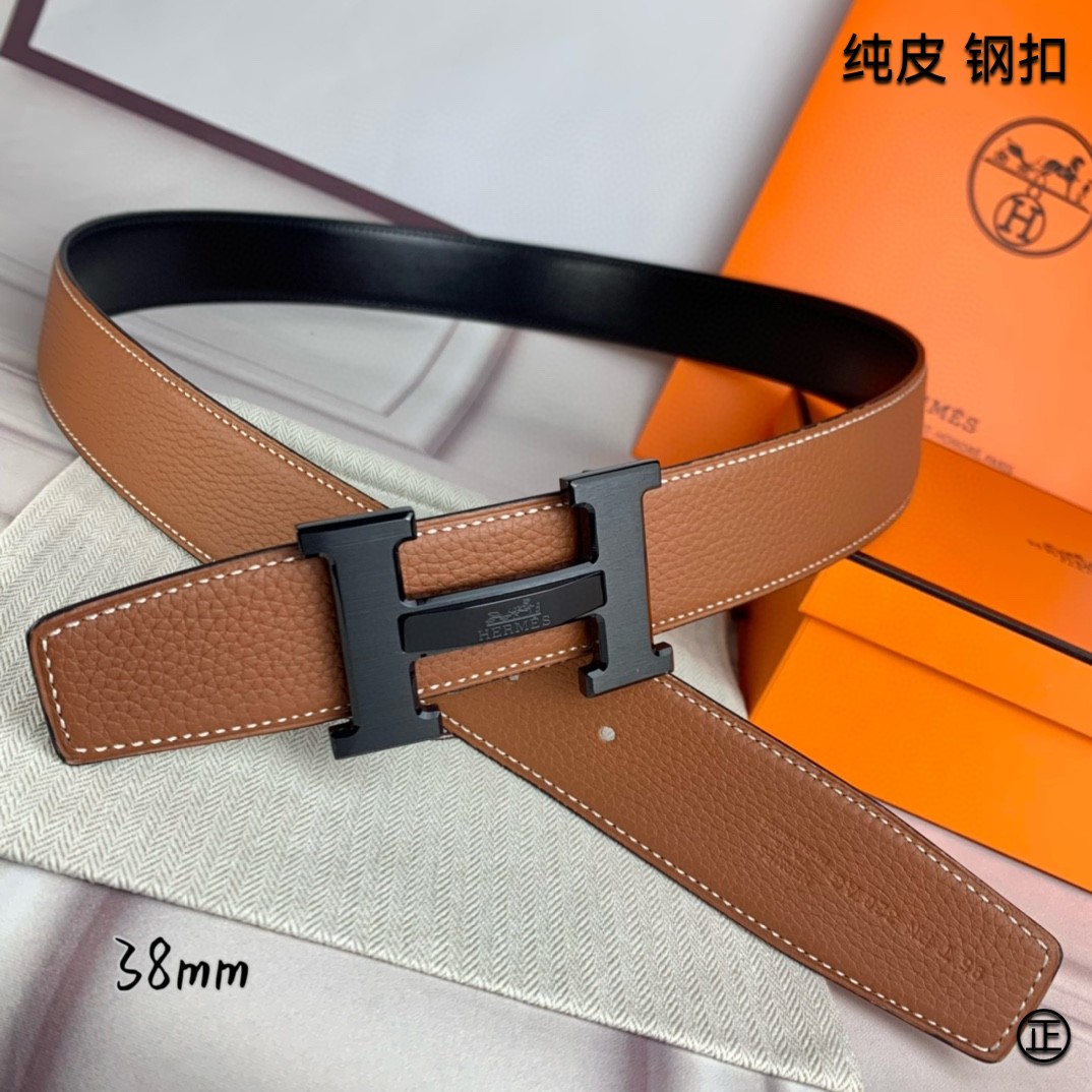 Hermès[正]爱马仕双面原版原单品质进口头层牛皮寸半38mm配官网H马拉车镶嵌款拉丝黑扣