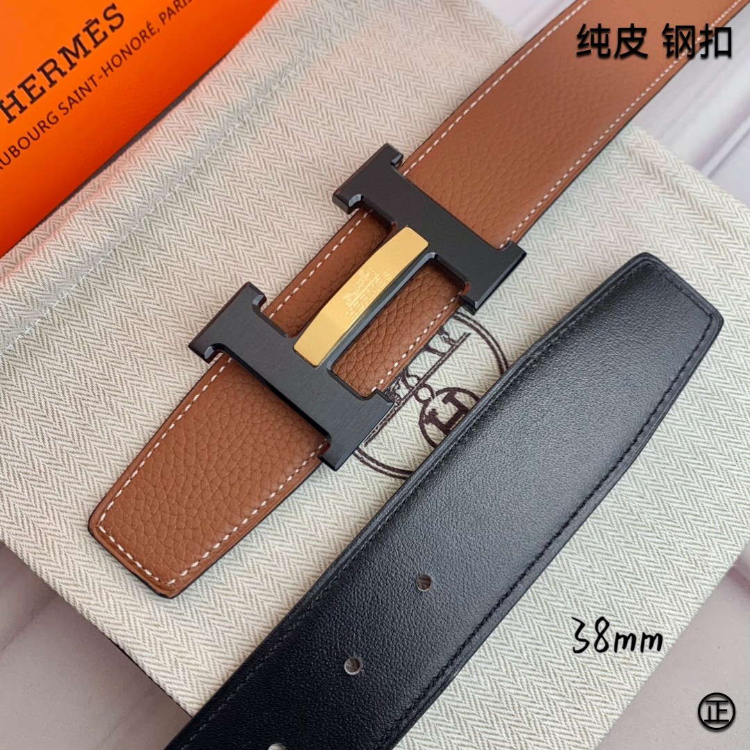 Hermès[正]爱马仕双面原版原单品质进口头层牛皮寸半38mm配官网H马拉车镶嵌款拉丝黑扣