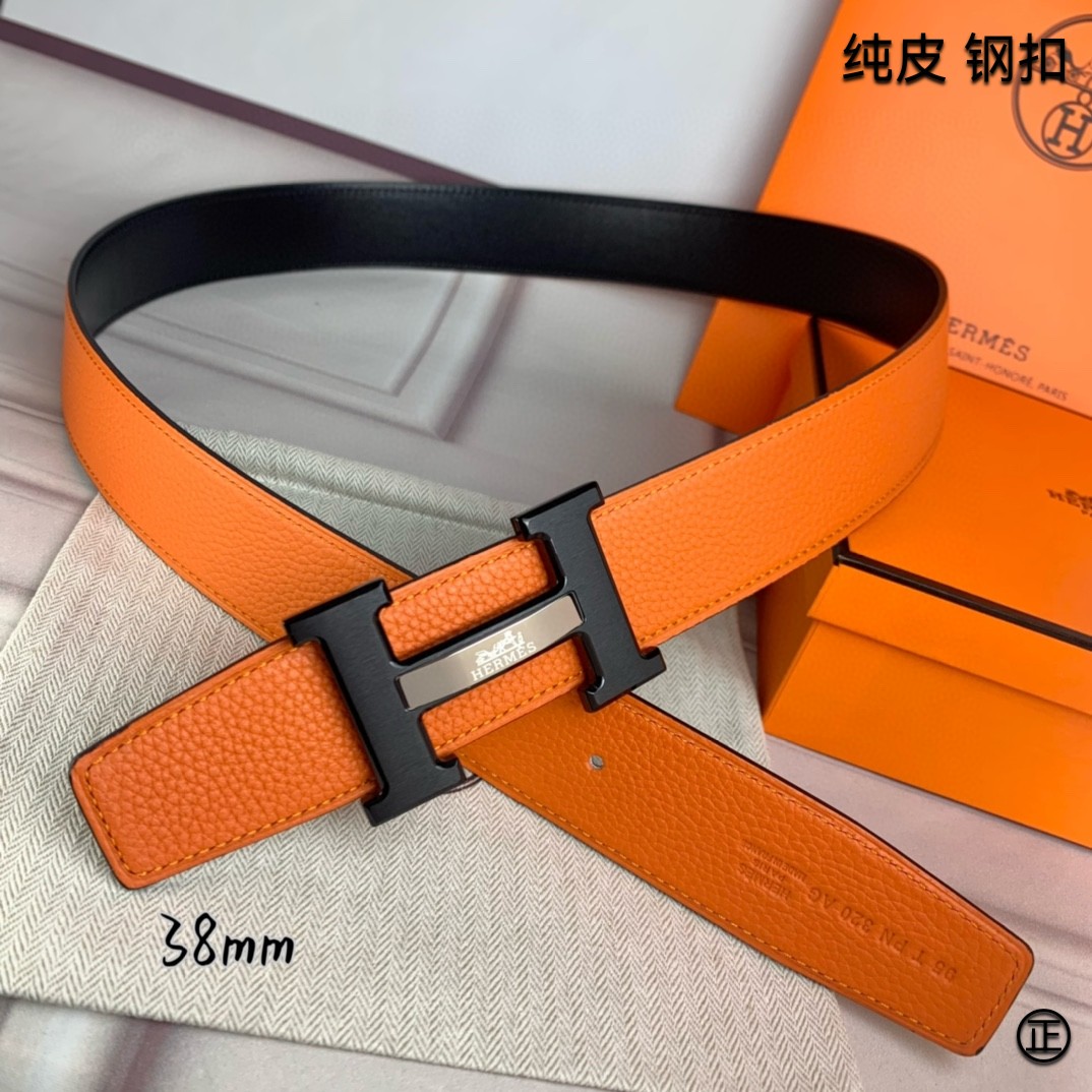 Hermès[正]爱马仕双面原版原单品质进口头层牛皮寸半38mm配官网H马拉车镶嵌款拉丝黑扣