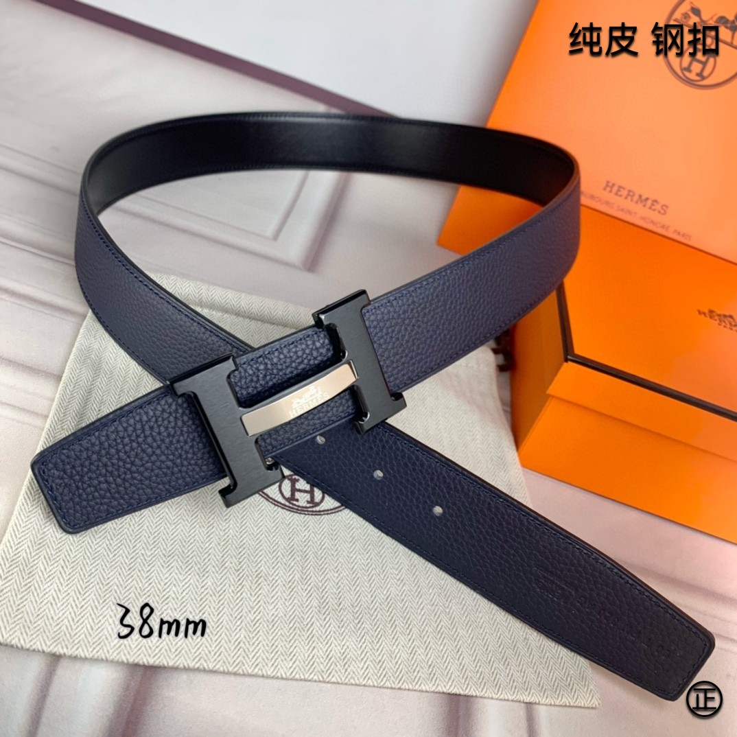 Hermès[正]爱马仕双面原版原单品质进口头层牛皮寸半38mm配官网H马拉车镶嵌款拉丝黑扣