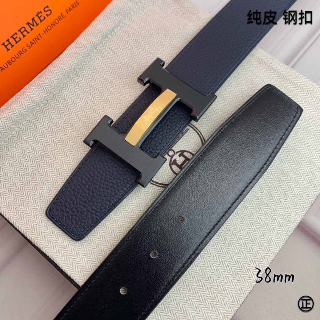 Hermès[正]爱马仕双面原版原单品质进口头层牛皮寸半38mm配官网H马拉车镶嵌款拉丝黑扣