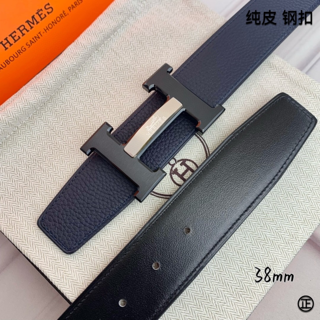 Hermès[正]爱马仕双面原版原单品质进口头层牛皮寸半38mm配官网H马拉车镶嵌款拉丝黑扣