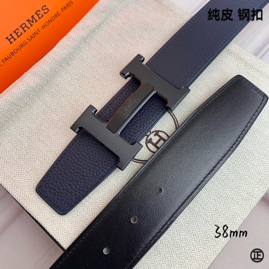 Hermès[正]爱马仕双面原版原单品质进口头层牛皮寸半38mm配官网H马拉车镶嵌款拉丝黑扣