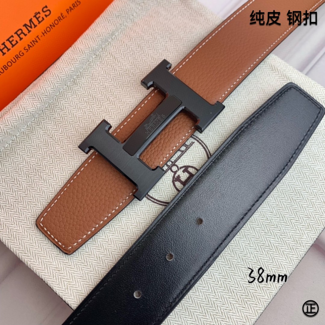 Hermès[正]爱马仕双面原版原单品质进口头层牛皮寸半38mm配官网H马拉车镶嵌款拉丝黑扣