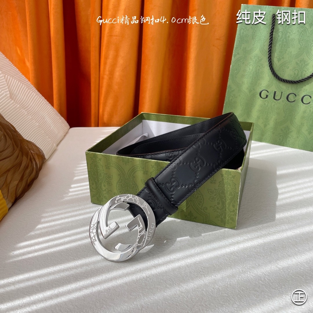 Gucci4.0cm专柜同款压花意大利进口头层小牛皮原版皮底新品花纹纯钢五金扣进口机械车线工艺精细原单品