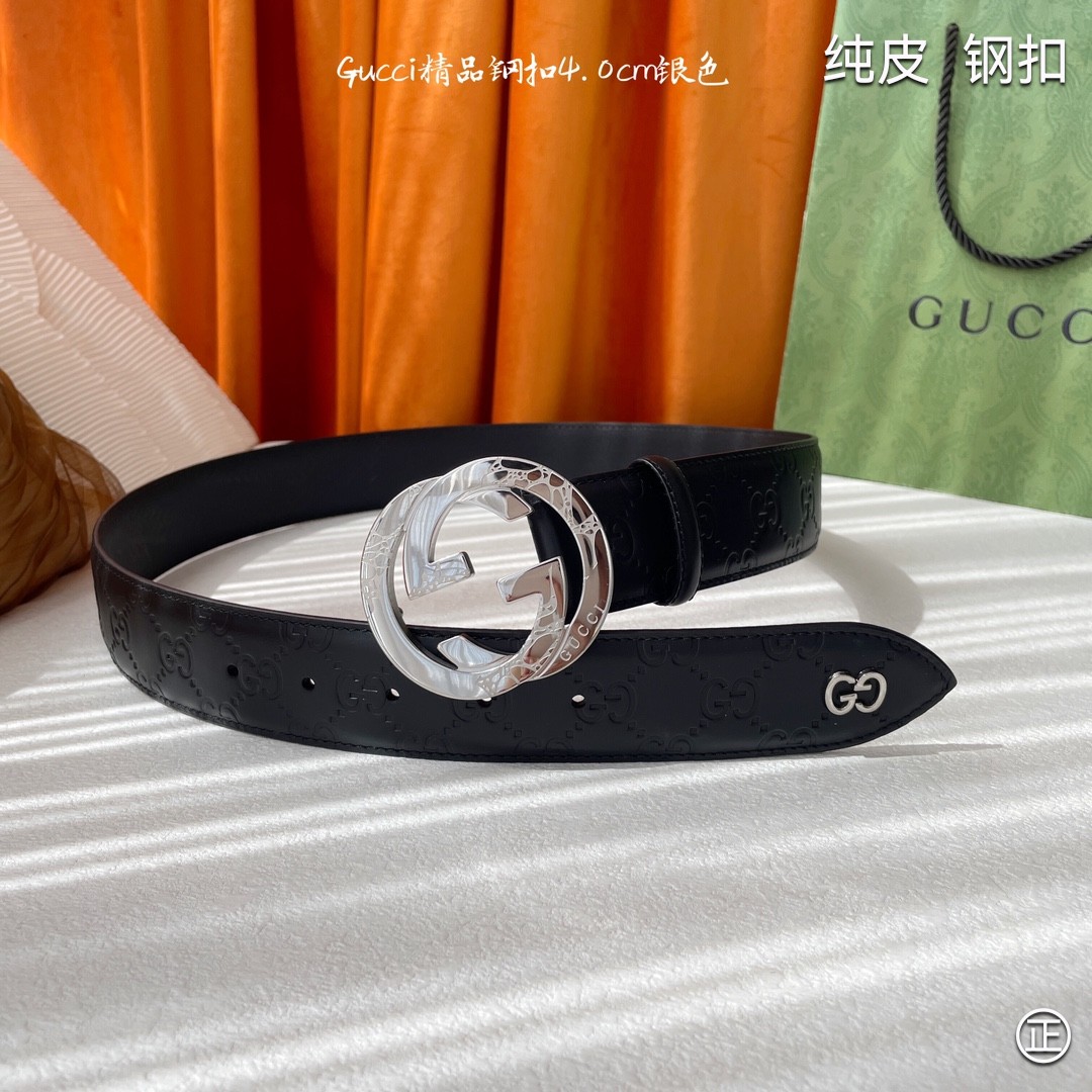 Gucci4.0cm专柜同款压花意大利进口头层小牛皮原版皮底新品花纹纯钢五金扣进口机械车线工艺精细原单品