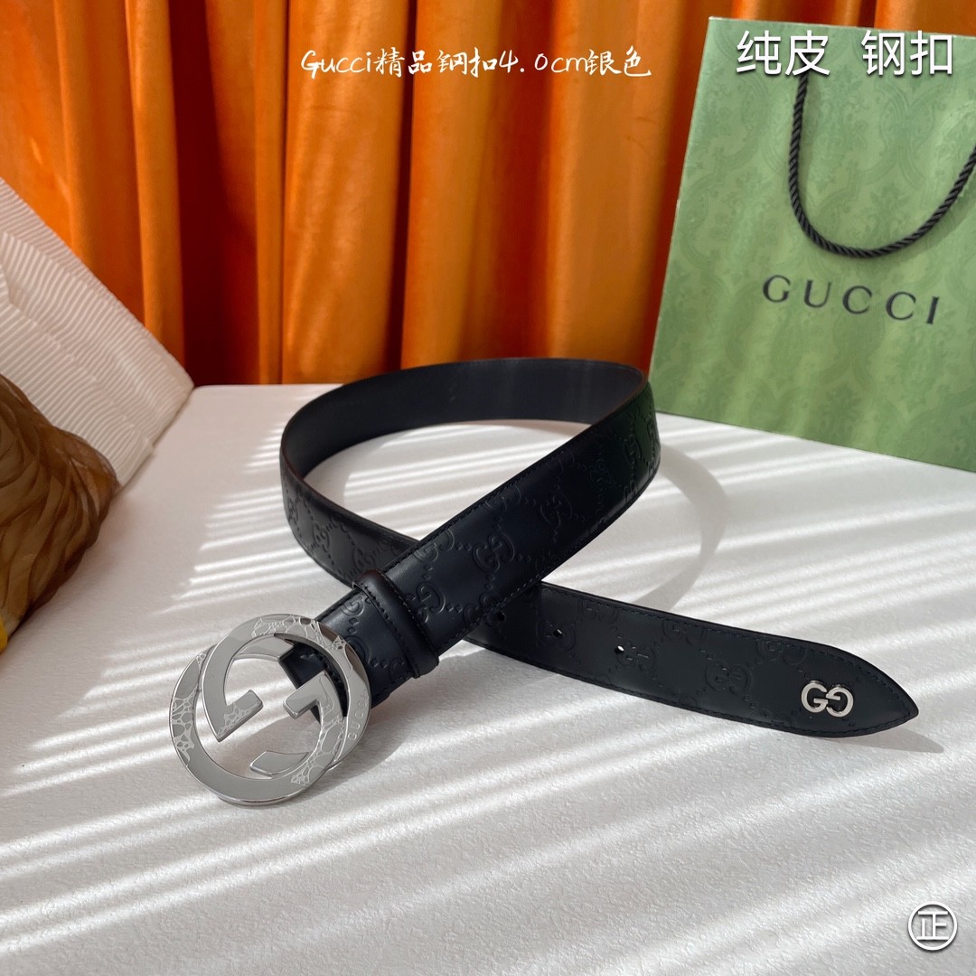 Gucci4.0cm专柜同款压花意大利进口头层小牛皮原版皮底新品花纹纯钢五金扣进口机械车线工艺精细原单品