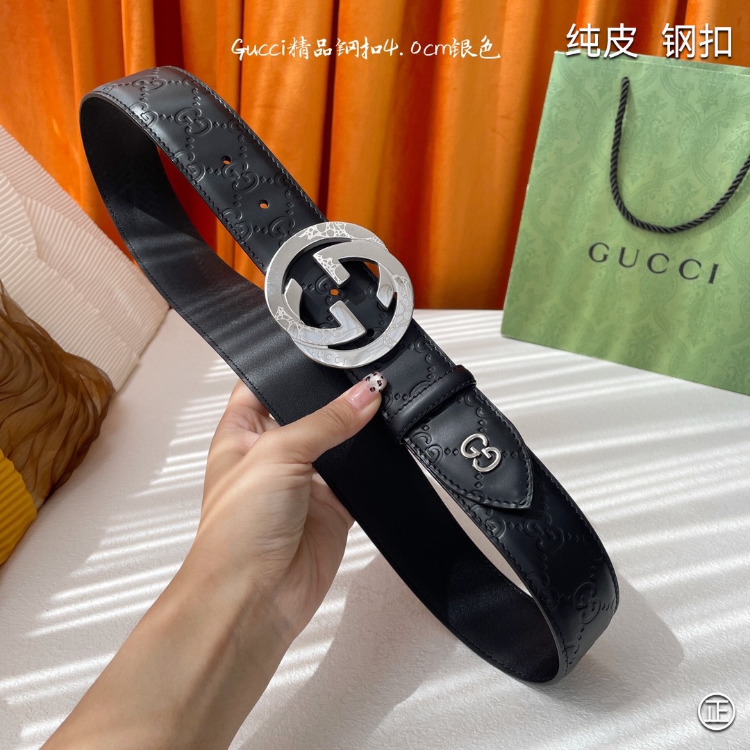 Gucci4.0cm专柜同款压花意大利进口头层小牛皮原版皮底新品花纹纯钢五金扣进口机械车线工艺精细原单品