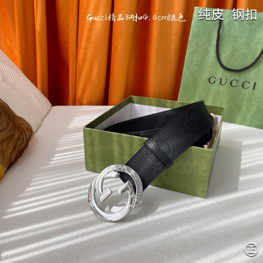 Gucci4.0cm专柜同款压花意大利进口头层小牛皮原版皮底新品花纹纯钢五金扣进口机械车线工艺精细原单品