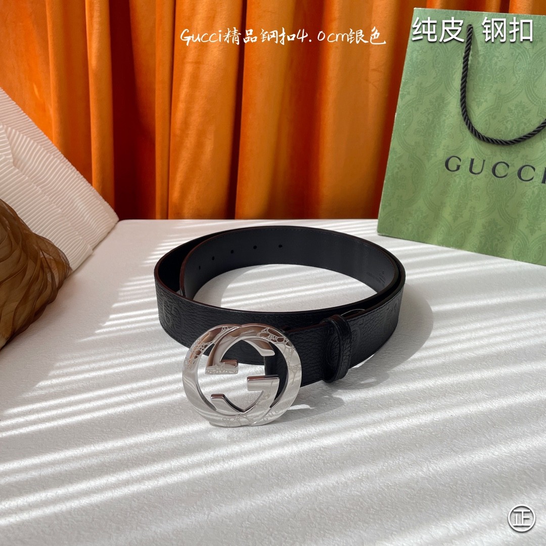 Gucci4.0cm专柜同款压花意大利进口头层小牛皮原版皮底新品花纹纯钢五金扣进口机械车线工艺精细原单品