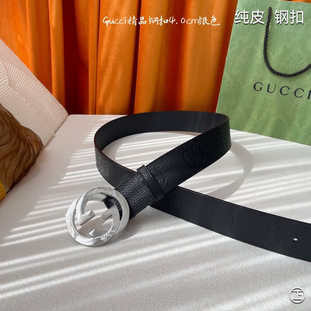 Gucci4.0cm专柜同款压花意大利进口头层小牛皮原版皮底新品花纹纯钢五金扣进口机械车线工艺精细原单品