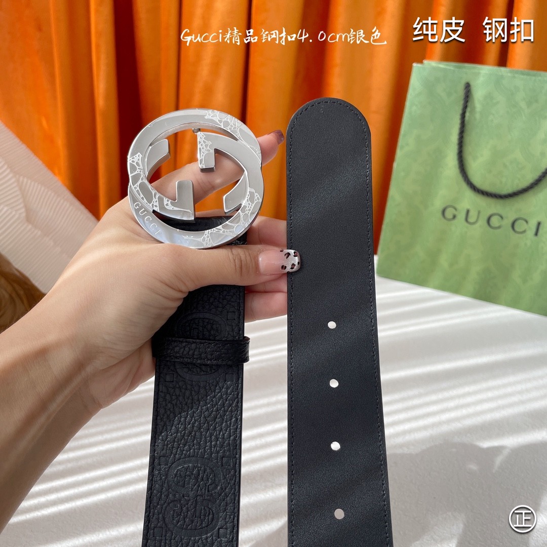 Gucci4.0cm专柜同款压花意大利进口头层小牛皮原版皮底新品花纹纯钢五金扣进口机械车线工艺精细原单品