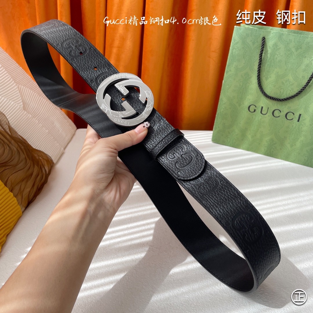 Gucci4.0cm专柜同款压花意大利进口头层小牛皮原版皮底新品花纹纯钢五金扣进口机械车线工艺精细原单品