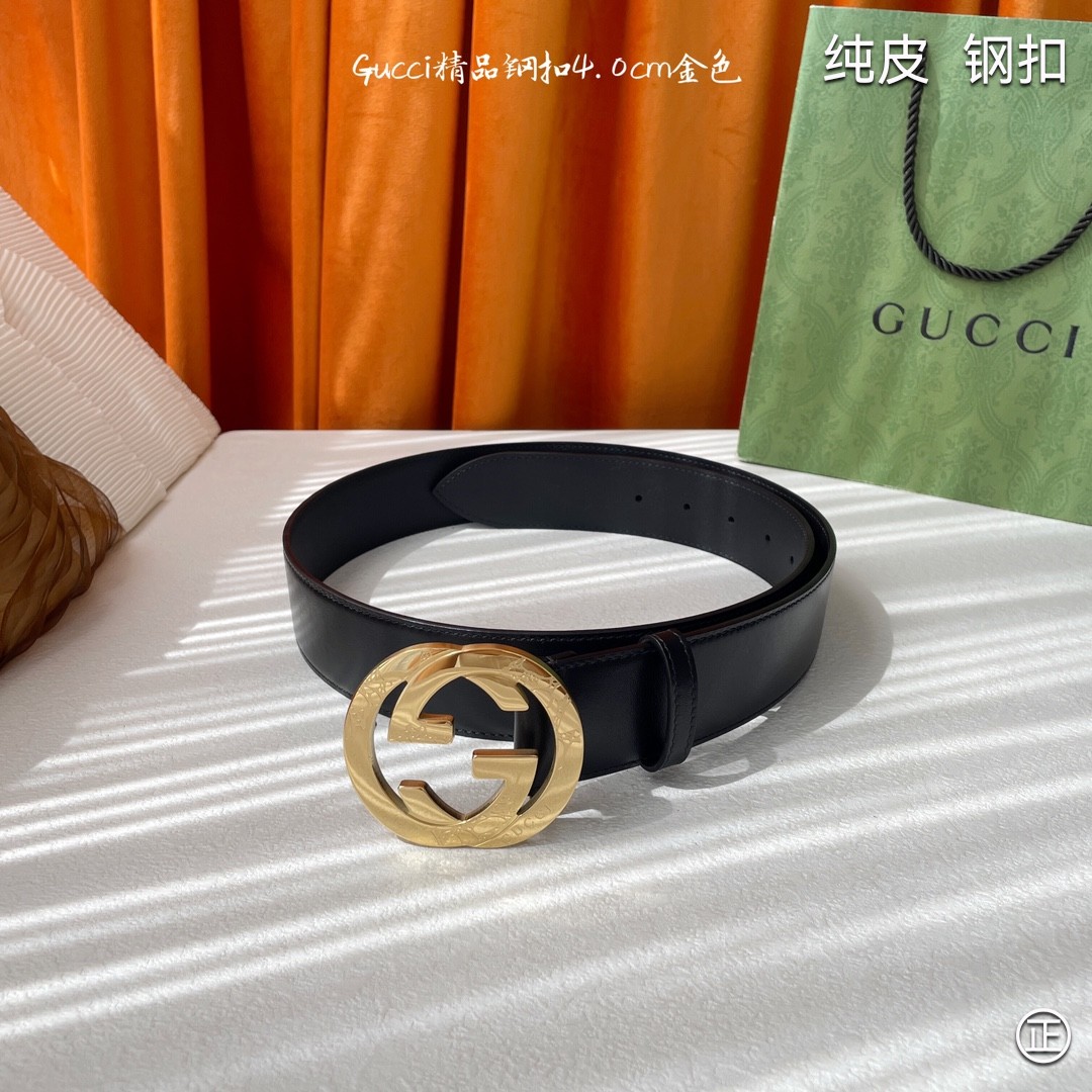 Gucci4.0cm专柜同款压花意大利进口头层小牛皮原版皮底新品花纹纯钢五金扣进口机械车线工艺精细原单品