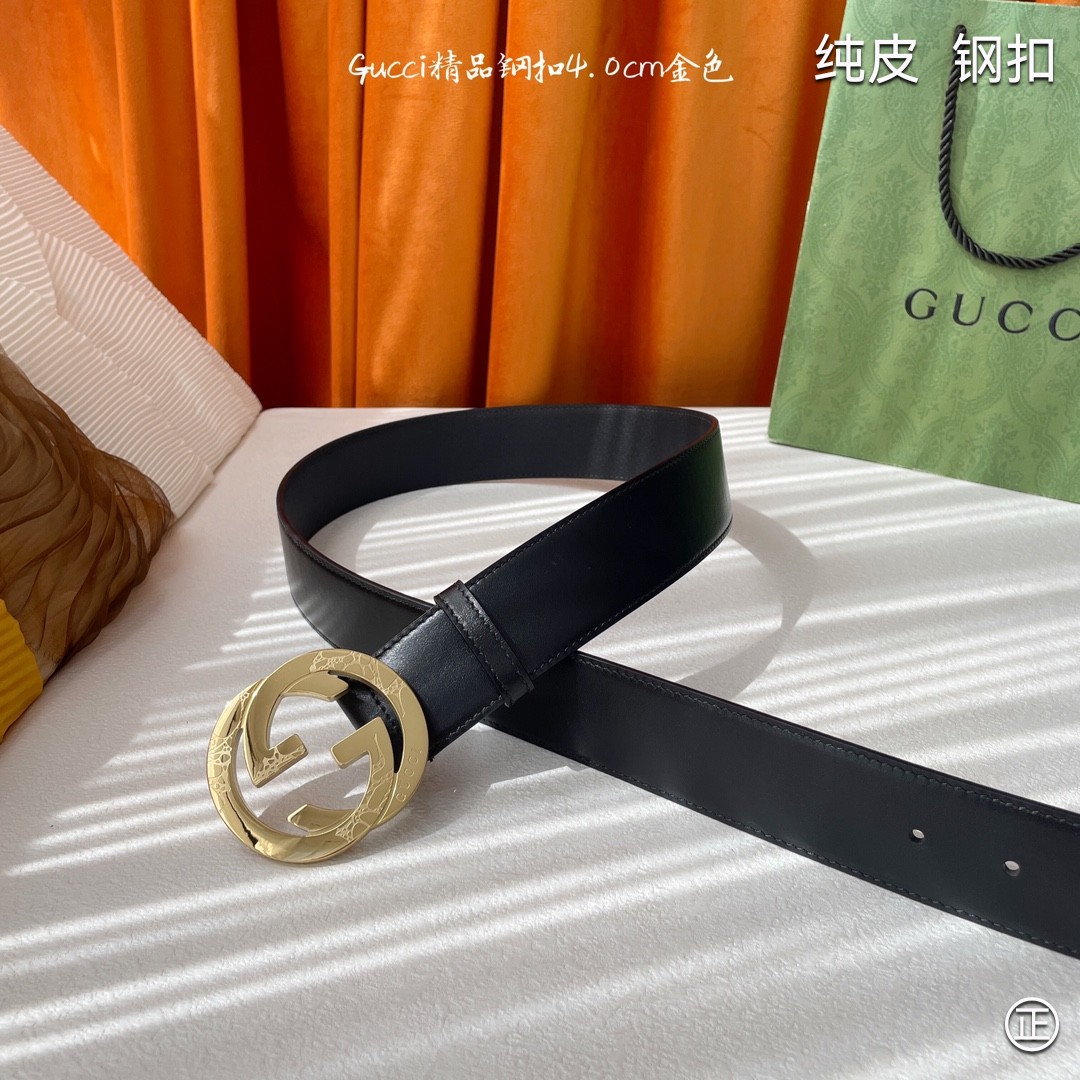 Gucci4.0cm专柜同款压花意大利进口头层小牛皮原版皮底新品花纹纯钢五金扣进口机械车线工艺精细原单品