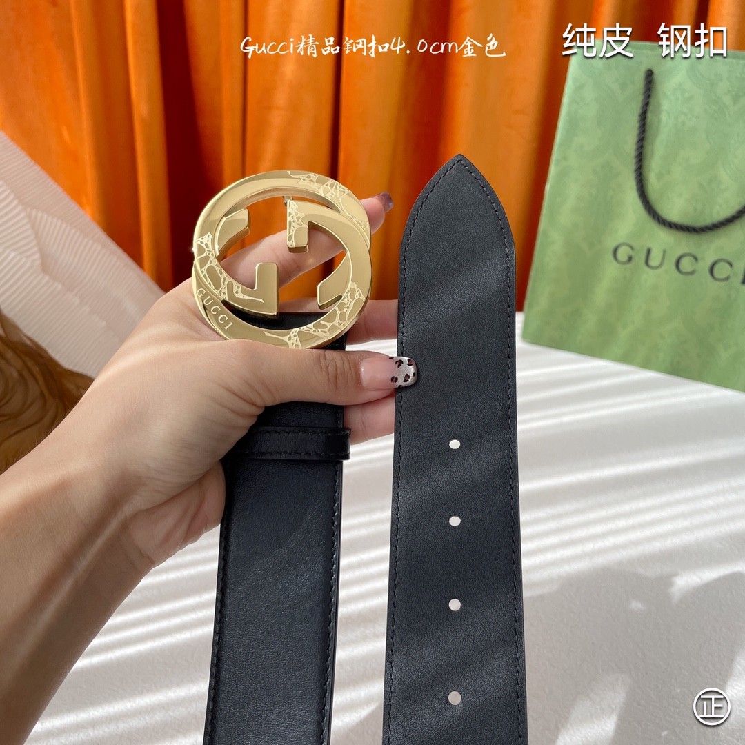 Gucci4.0cm专柜同款压花意大利进口头层小牛皮原版皮底新品花纹纯钢五金扣进口机械车线工艺精细原单品