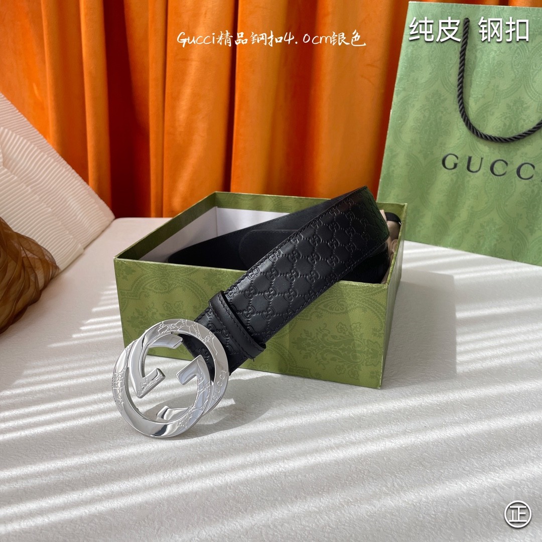 Gucci4.0cm专柜同款压花意大利进口头层小牛皮原版皮底新品花纹纯钢五金扣进口机械车线工艺精细原单品