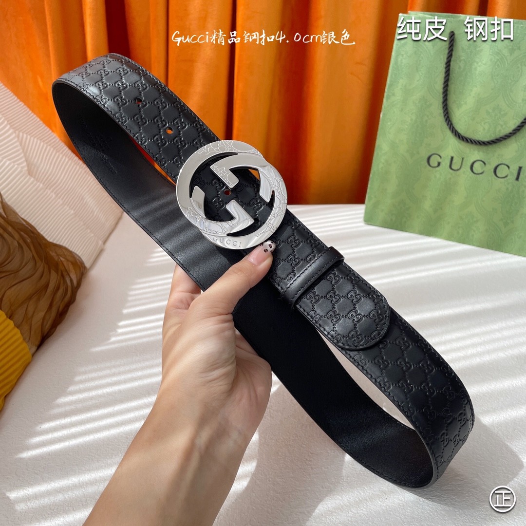 Gucci4.0cm专柜同款压花意大利进口头层小牛皮原版皮底新品花纹纯钢五金扣进口机械车线工艺精细原单品