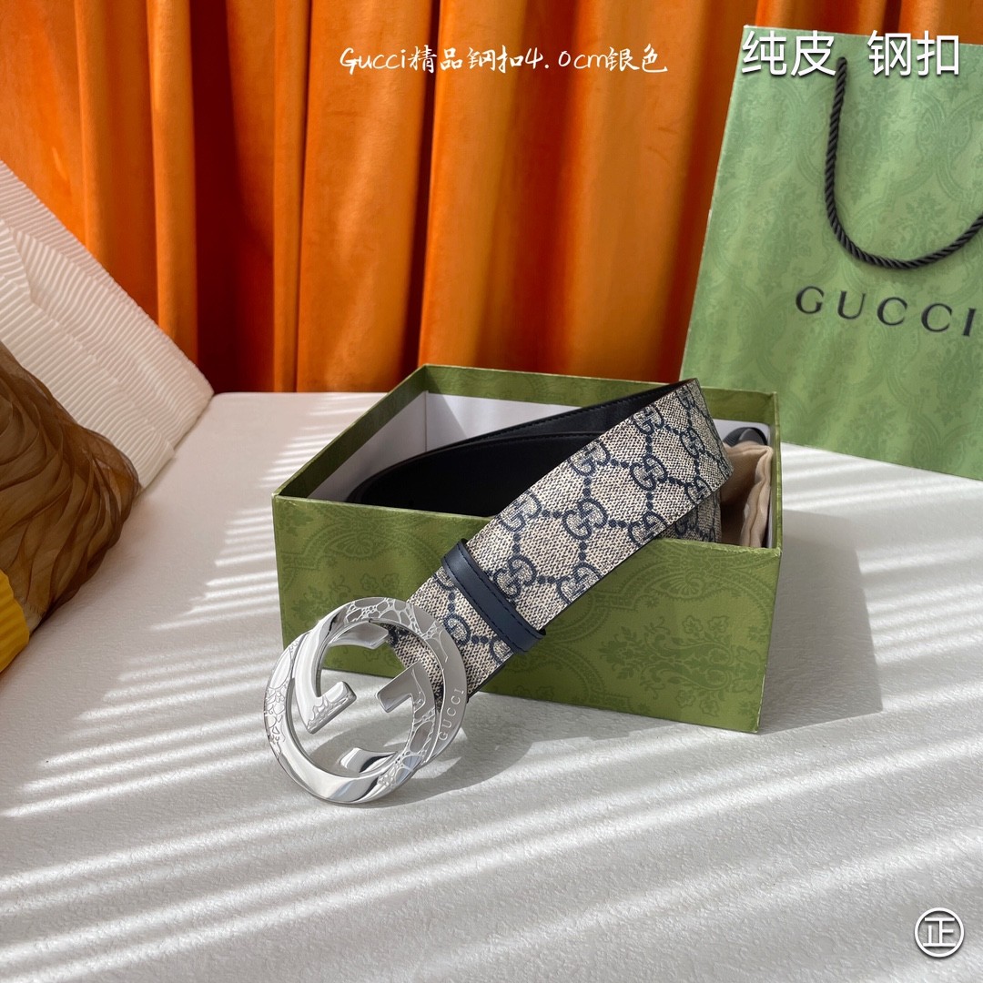 Gucci4.0cm专柜同款压花意大利进口头层小牛皮原版皮底新品花纹纯钢五金扣进口机械车线工艺精细原单品