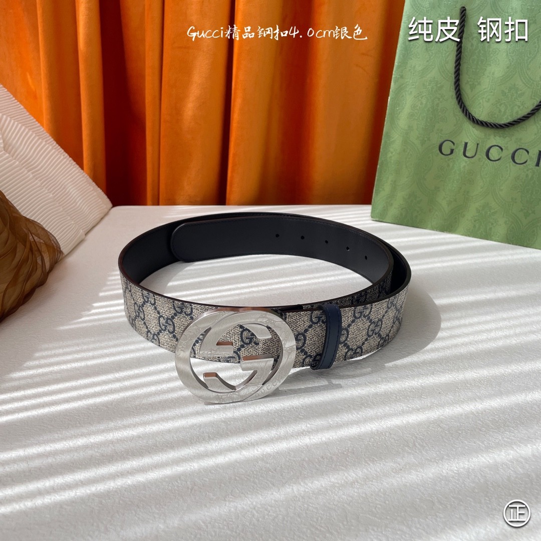 Gucci4.0cm专柜同款压花意大利进口头层小牛皮原版皮底新品花纹纯钢五金扣进口机械车线工艺精细原单品