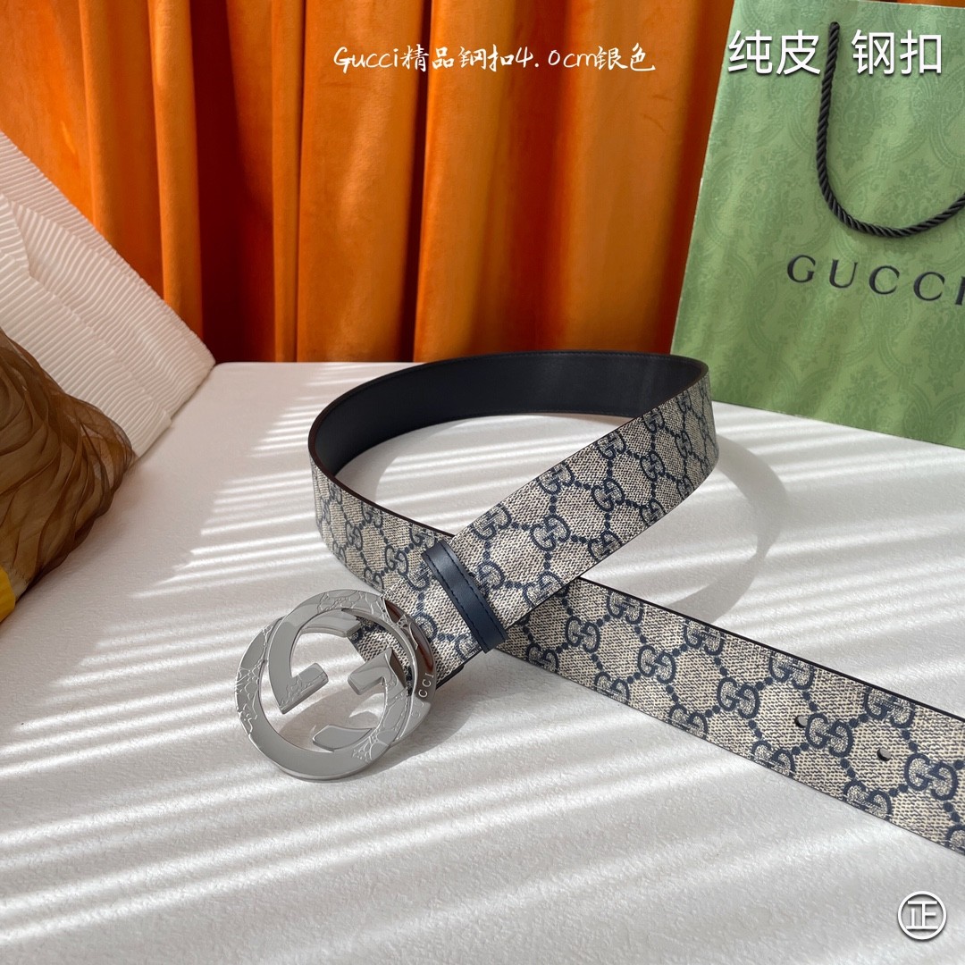 Gucci4.0cm专柜同款压花意大利进口头层小牛皮原版皮底新品花纹纯钢五金扣进口机械车线工艺精细原单品