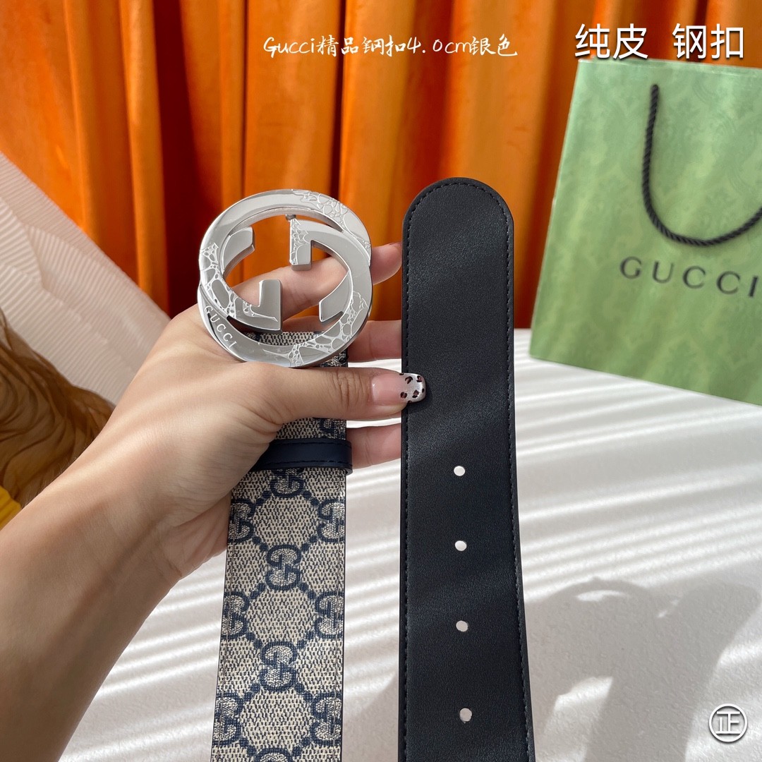 Gucci4.0cm专柜同款压花意大利进口头层小牛皮原版皮底新品花纹纯钢五金扣进口机械车线工艺精细原单品