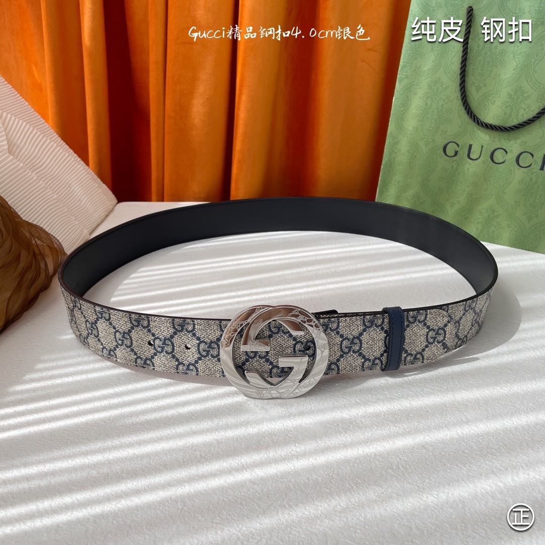 Gucci4.0cm专柜同款压花意大利进口头层小牛皮原版皮底新品花纹纯钢五金扣进口机械车线工艺精细原单品