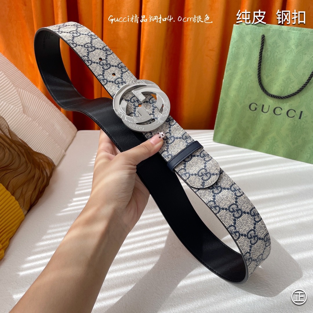 Gucci4.0cm专柜同款压花意大利进口头层小牛皮原版皮底新品花纹纯钢五金扣进口机械车线工艺精细原单品