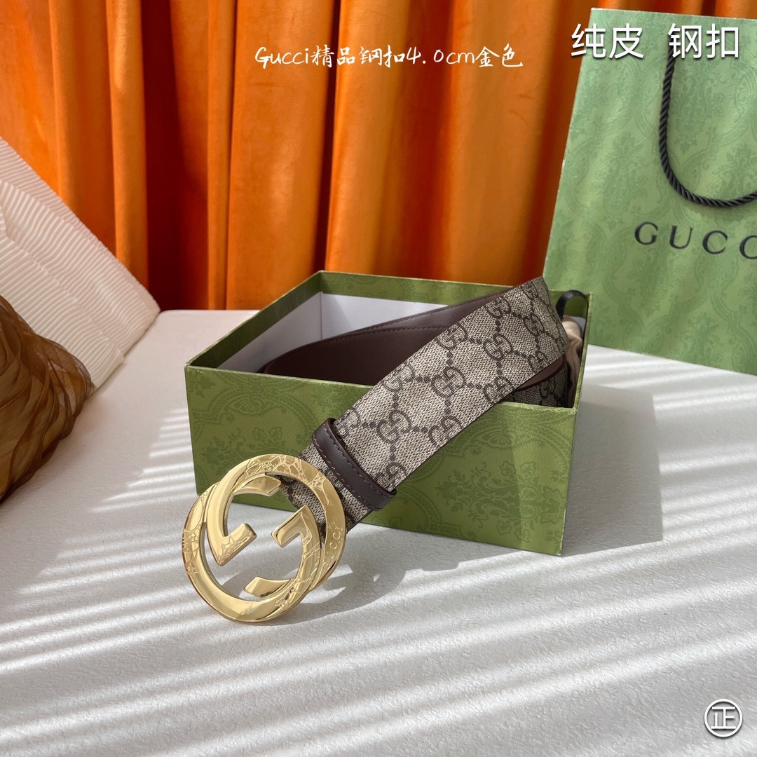 Gucci4.0cm专柜同款压花意大利进口头层小牛皮原版皮底新品花纹纯钢五金扣进口机械车线工艺精细原单品