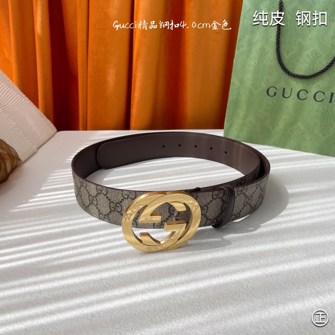 Gucci4.0cm专柜同款压花意大利进口头层小牛皮原版皮底新品花纹纯钢五金扣进口机械车线工艺精细原单品