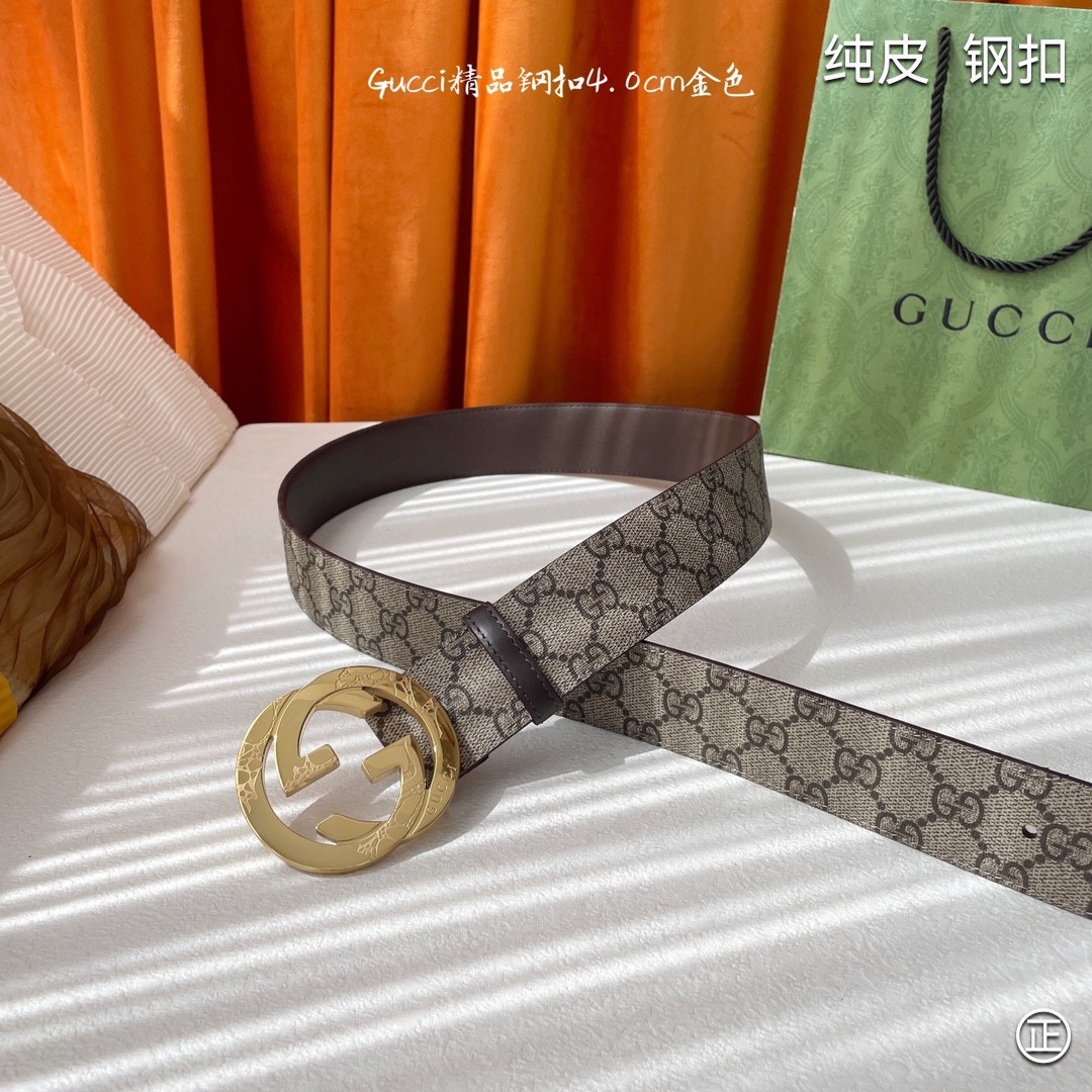 Gucci4.0cm专柜同款压花意大利进口头层小牛皮原版皮底新品花纹纯钢五金扣进口机械车线工艺精细原单品