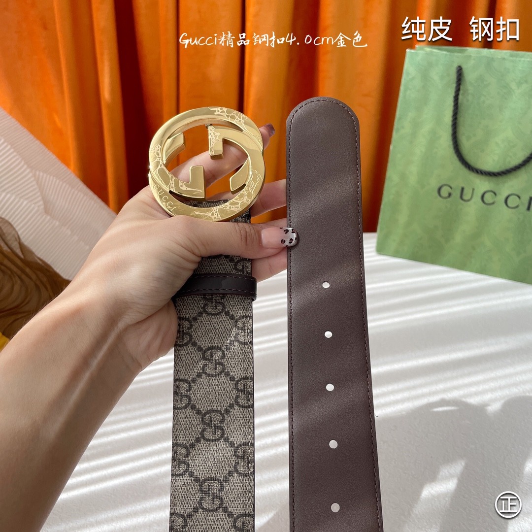 Gucci4.0cm专柜同款压花意大利进口头层小牛皮原版皮底新品花纹纯钢五金扣进口机械车线工艺精细原单品