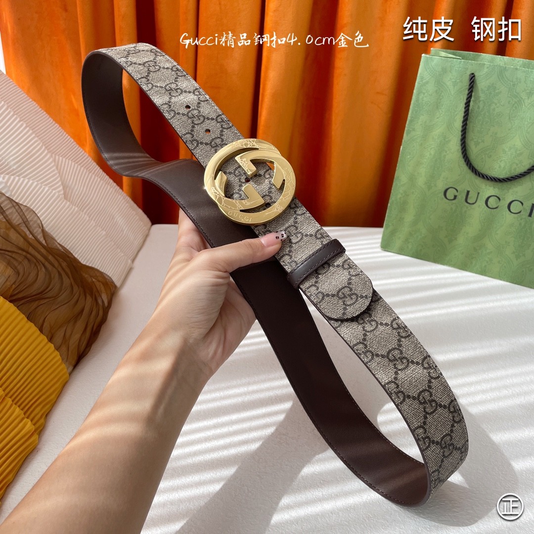 Gucci4.0cm专柜同款压花意大利进口头层小牛皮原版皮底新品花纹纯钢五金扣进口机械车线工艺精细原单品