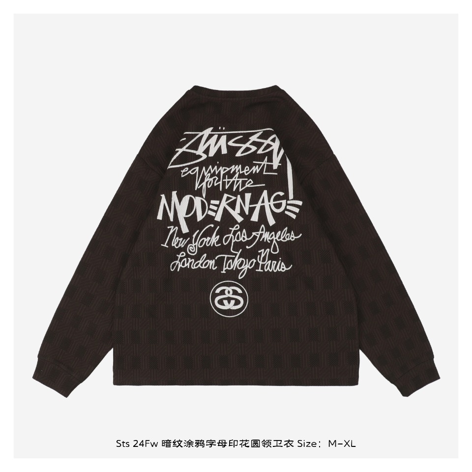 Stussy/斯图西 24Fw 暗纹涂鸦字母印花圆领卫衣