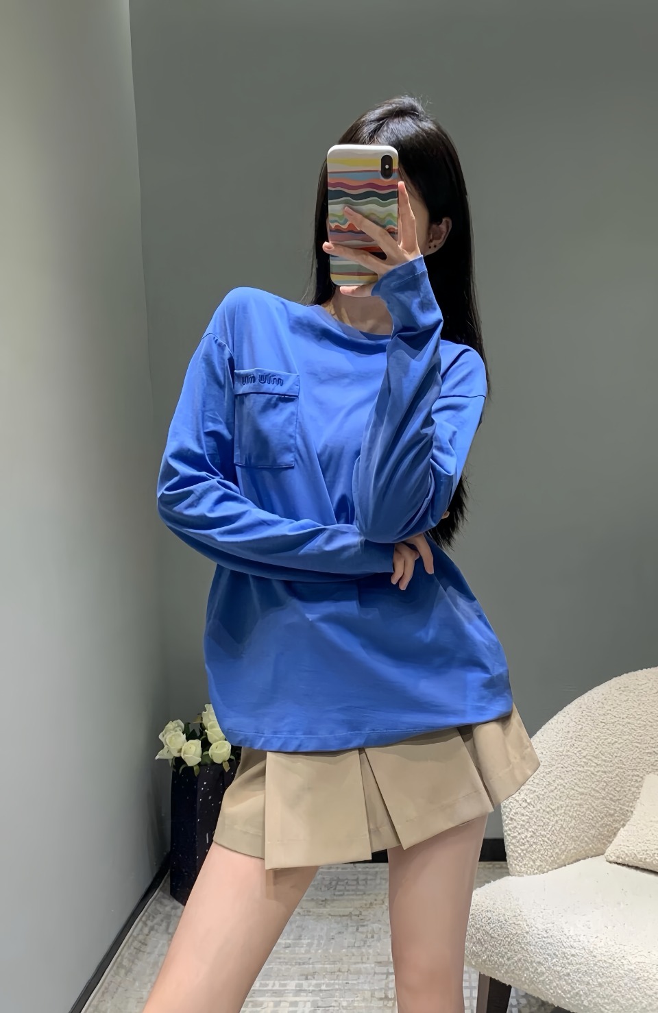Upper body collection picture Miu Miu 24Fw Pocket Miu Letter Embroidery Long Sl