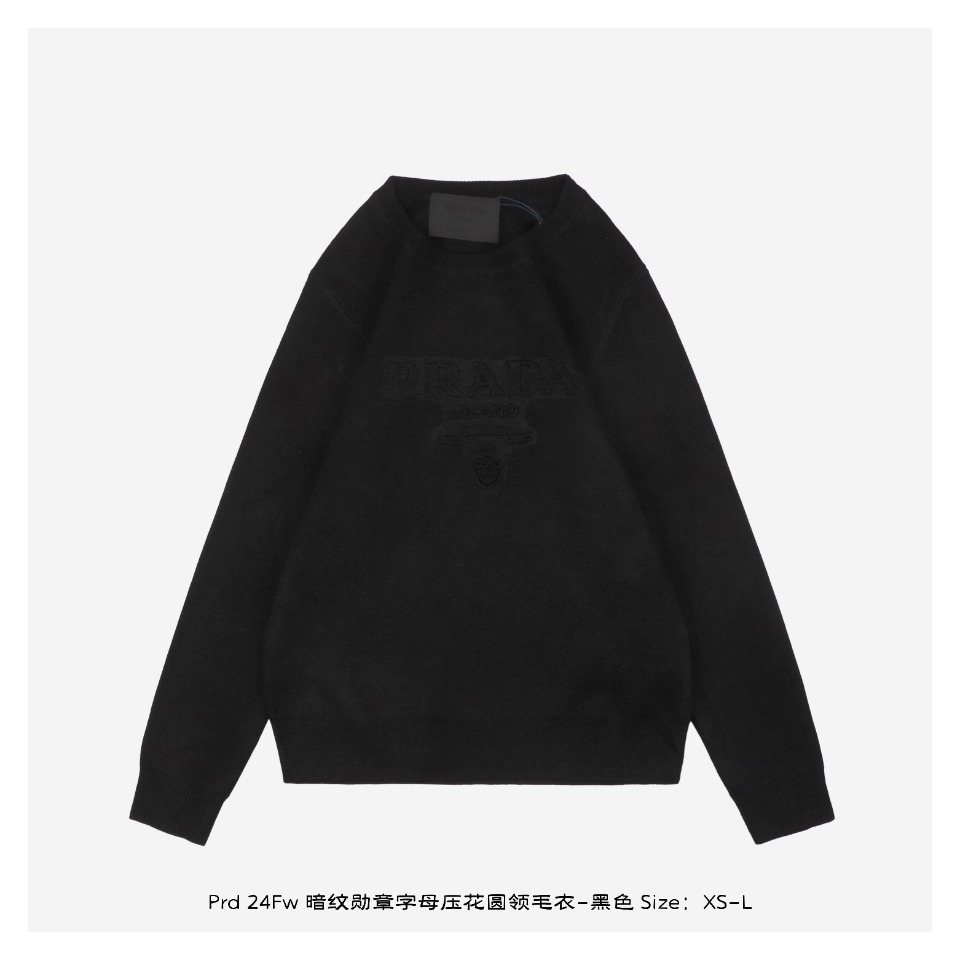 PradaPrada 24Fw Dark Pattern Medal Letter Embossed Crewneck Sweater Black Made