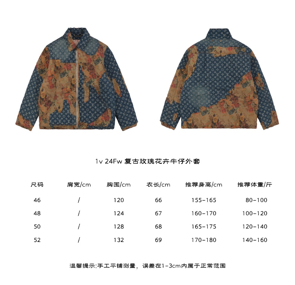 Size chart for 1v 24Fw vintage rose flower denim jacket