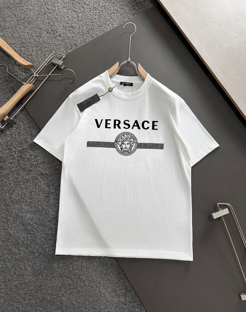 Versace Clothing T-Shirt Black White Cotton Spring/Summer Collection Short Sleeve